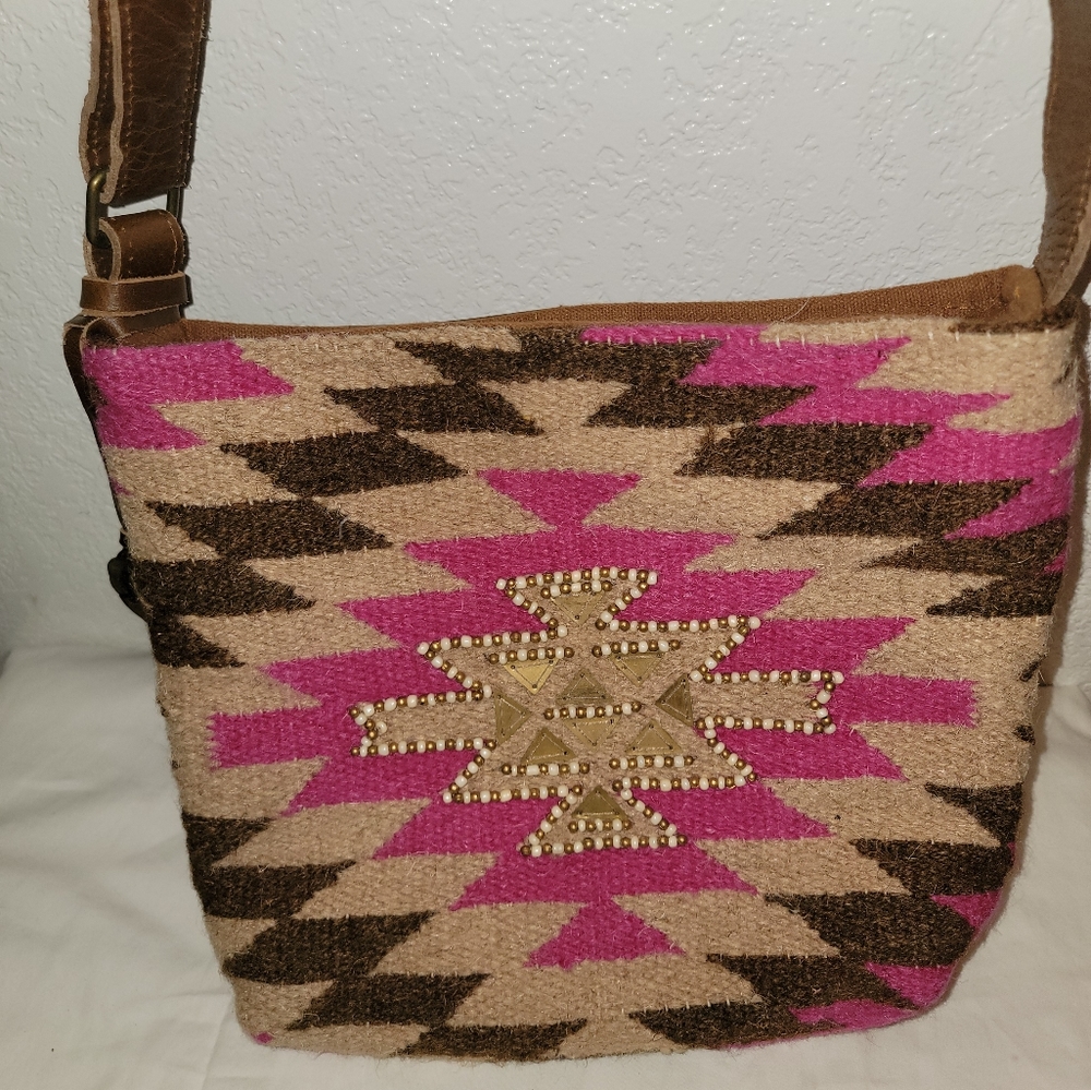 Catchfly Studio Handwoven Aztec Rug Handbag Crossbody Southwestern Leather Boho